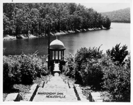 Postcard showing a flight of stone steps (still extant) leading to the outlet tower, circa 1950s.