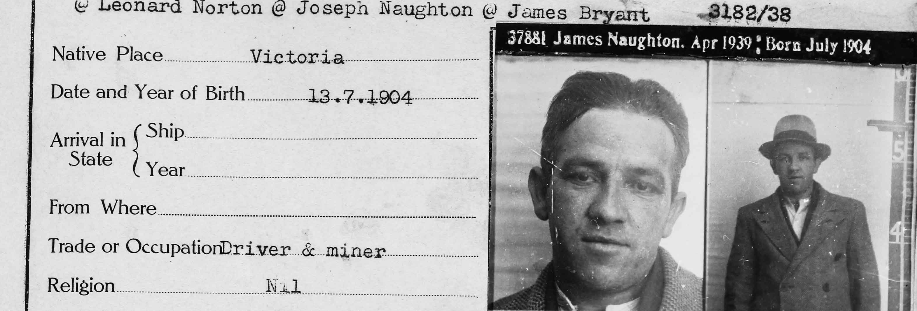 Black and white image, mugshot and description of accused man