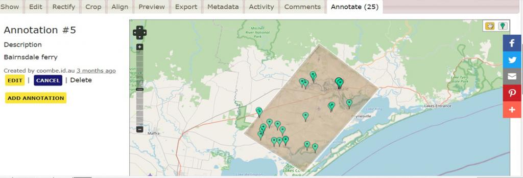 map of historic plan showing annotation pin markers on prov map warper