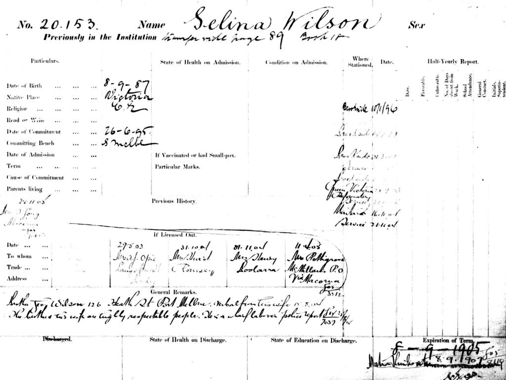 Figure 3: Selina Wilson’s second record, PROV, VPRS 4527/P0, 9323-22538; Girls convicted – Coburg Book, p. 184.