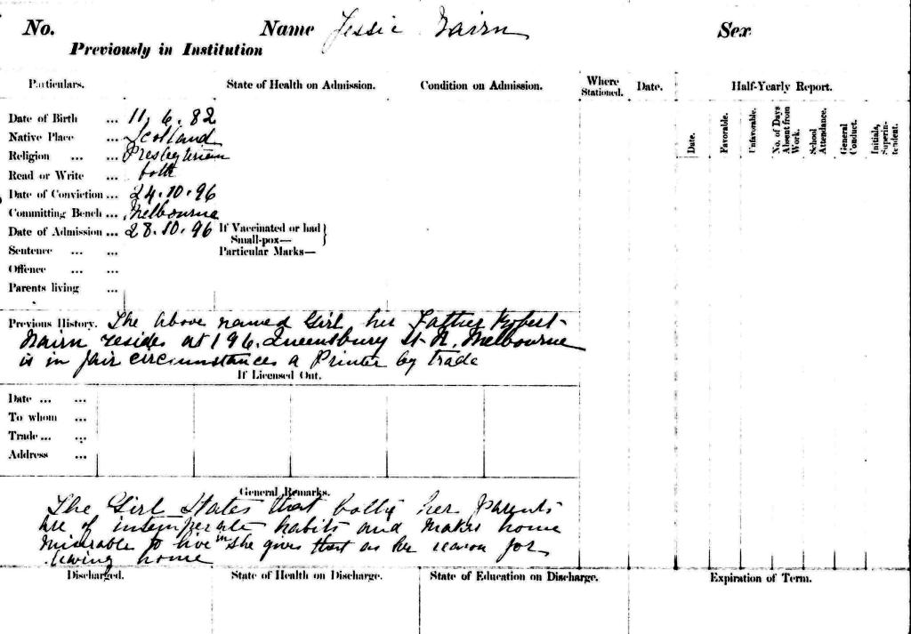 Figure 5: Jessie Nairn’s second record, PROV, VPRS 4527/P0, 9164-18333; Girls convicted – Book 11, p. 214.