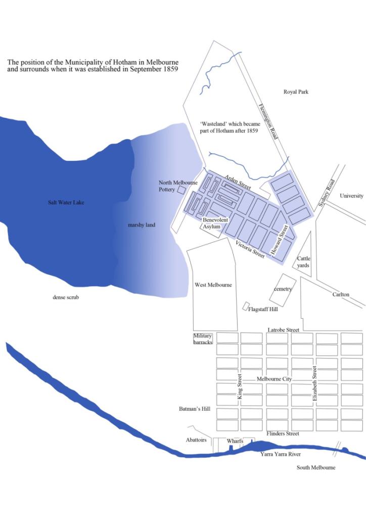 Figure 2: The area developed by the time the Municipality of Hotham was created in 1859 is highlighted. The border of the entire municipality then runs from Flemington Road to the north and next to the swamp. Map drawn by author.