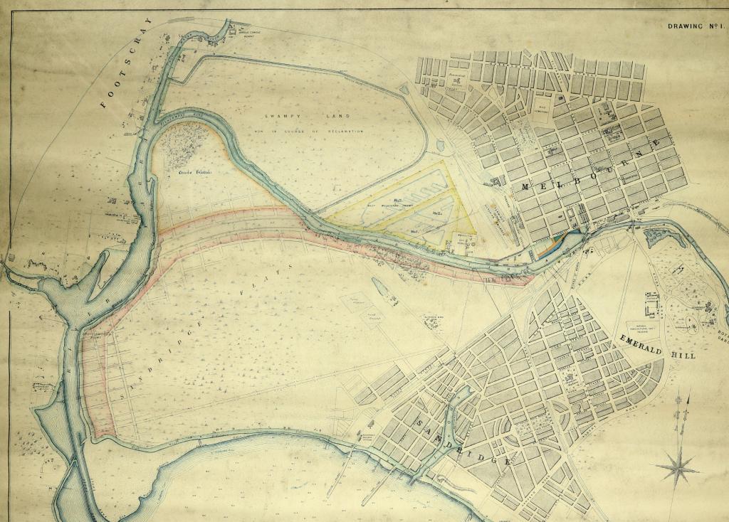 Figure 3: This plan shows the course of the Coode Canal relative to the natural course of the river and the swamp west of the Melbourne city grid as proposed by John Coode in 1879, PROV, VPRS 7664/P1, Melbourne Harbour Showing Harbour Improvements (1879) (detail).