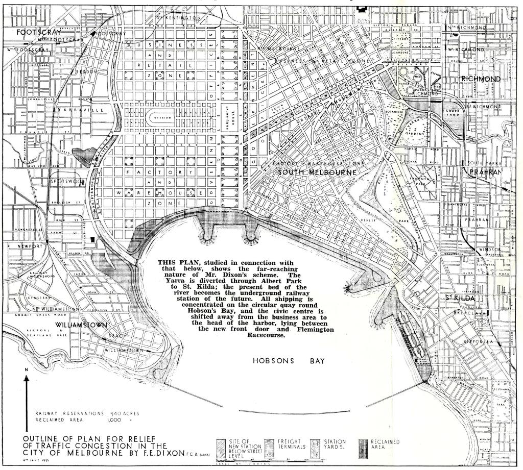 Figure 10: Outline of plan for relief of traffic congestion in the City of Melbourne by FE Dixon, 1939, PROV, VPRS 10217/P0 Minister’s General Correspondence Files, 26–728 (Unit 27), 41/161, excerpt from ‘Planning Melbourne for prosperity’. The caption within the centre of the plan makes reference to the 1929 ‘Plan of general development’ (see Figure 7) which was included for comparison.