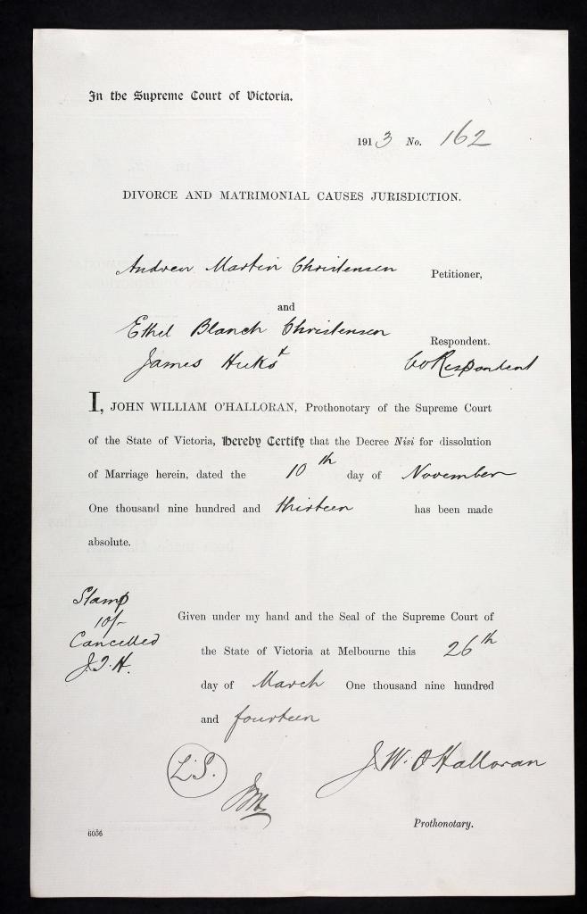 Figure 6: Divorce decree absolute, Christensen v. Christensen & James Hicks, co-respond., PROV, VPRS 283, 162/1913.