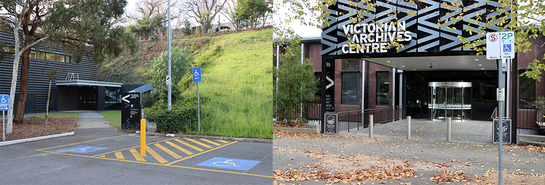 Two photographs showing the entrances from level 1 and level 3 of the Victorian Archives Centre