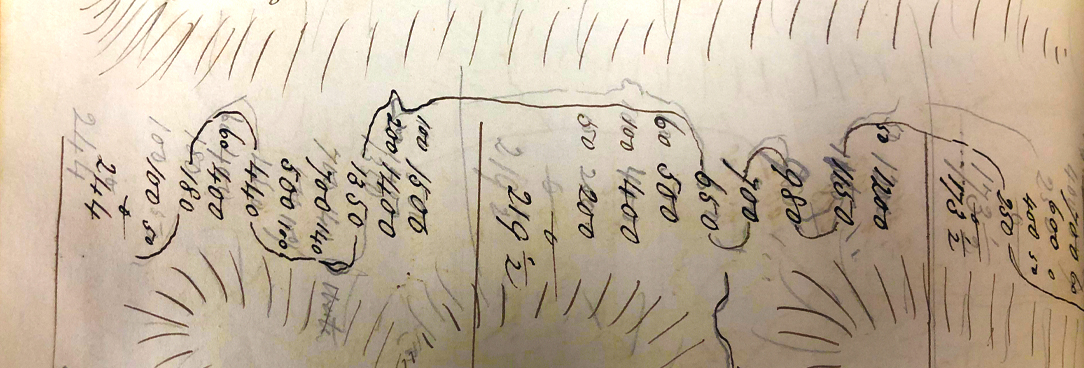 Photo of a page with lines, numbers and markings on it, tinted in a yellow hue