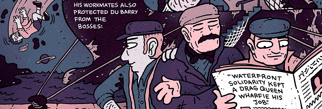 Detail of artwork by Sam Wallman Illustration by Sam Wallman of dock workers reading a newspaper