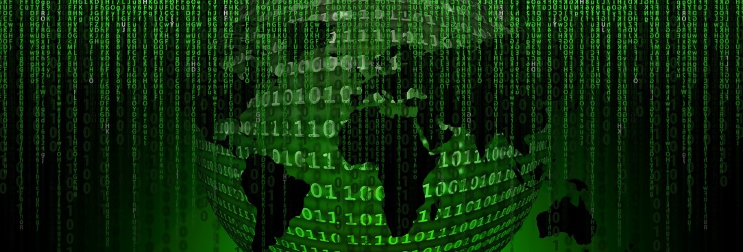 green binary on world globe