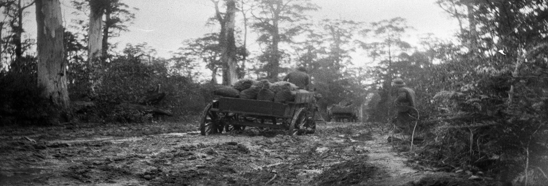 black and white image of men with horse and cart walking through muddy track in the bush