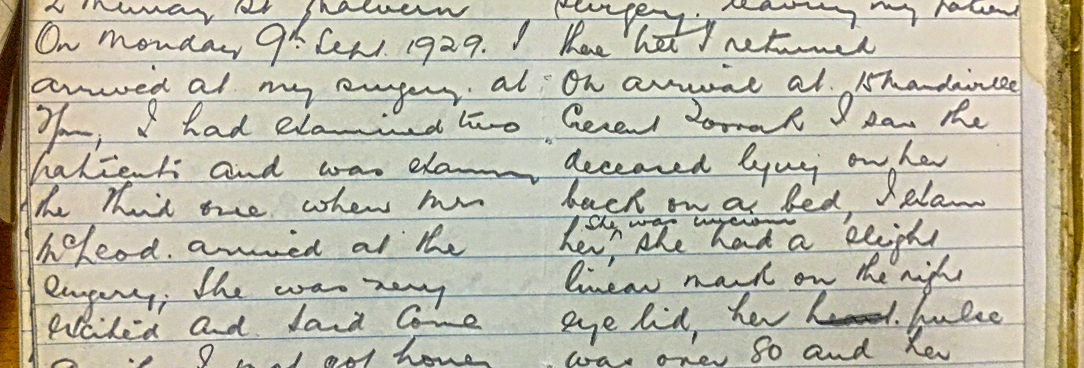 photo of handwritten notes in a notebook relating to a deceased person being found