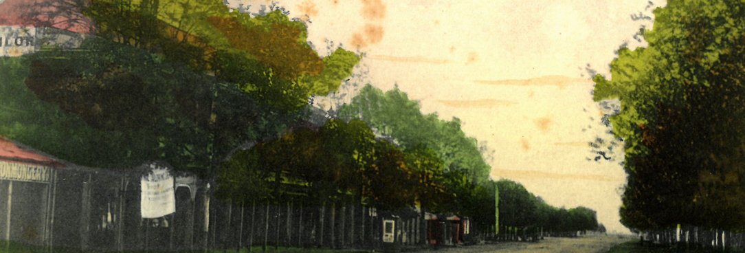 painted scene of a country street at sunset
