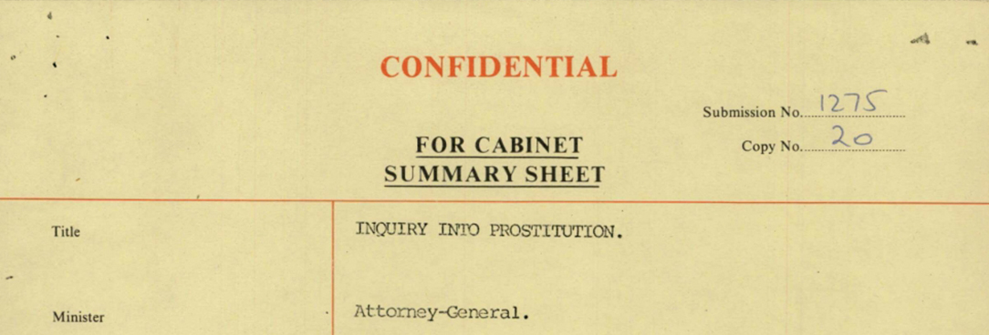 The top of the cabinet document titled inquiry into prostitution