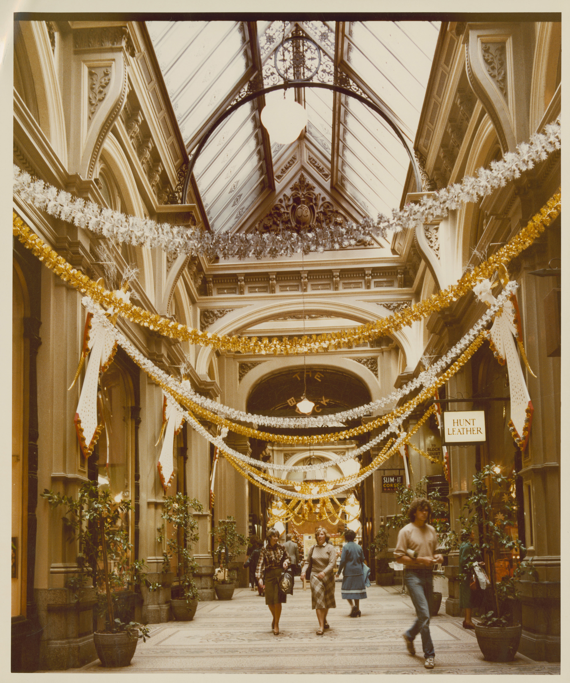 photo of shopping centre decorated with tinsel