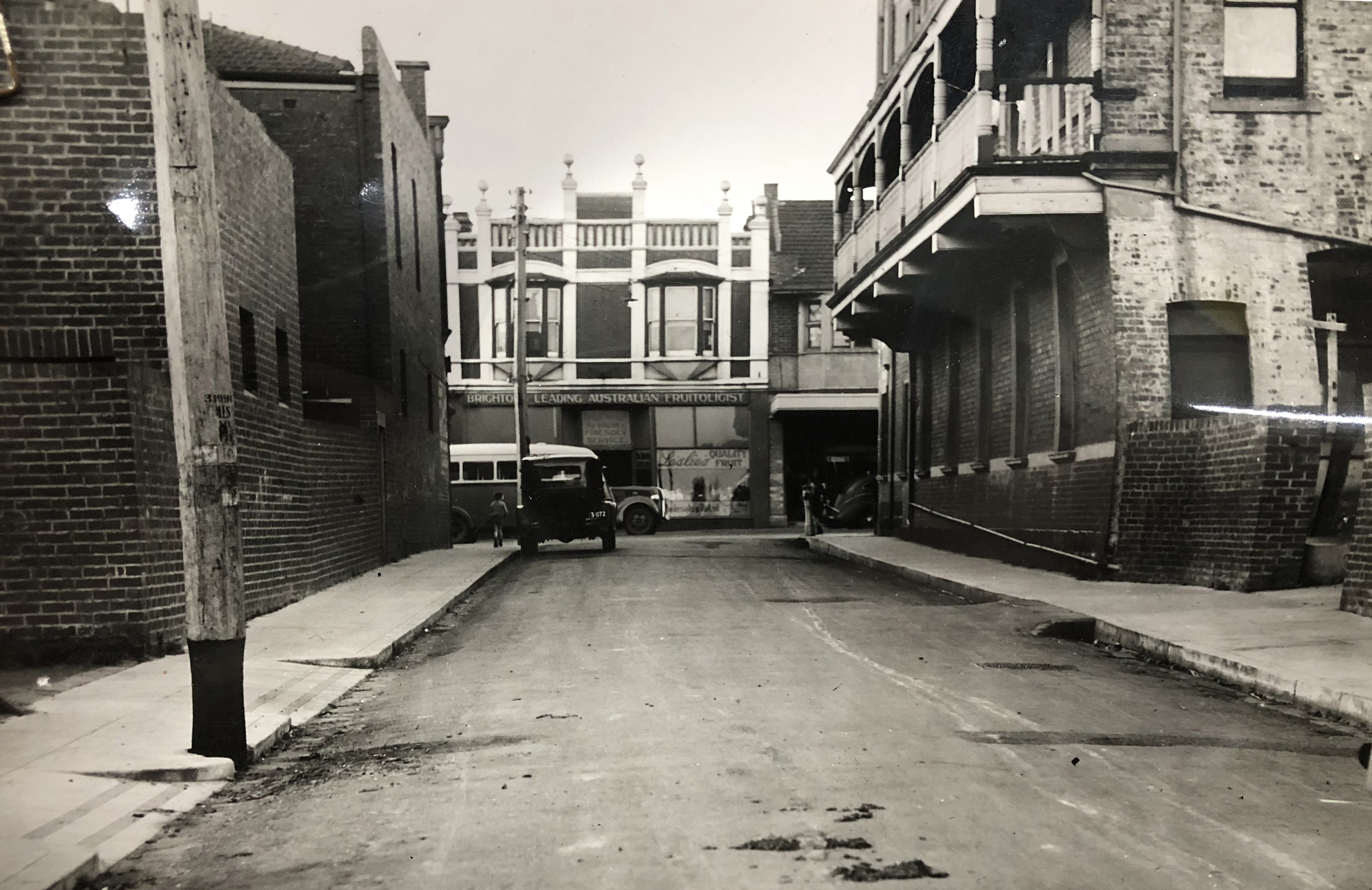 streetscape black and white photo