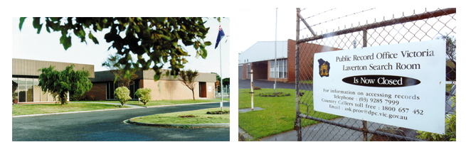 colour photos of a small one storey building with a sign that says 'Public Record Office Victoria Laverton Search Room Now Closed'