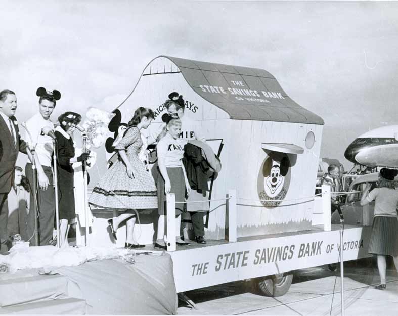 black and white photo of the moomba float