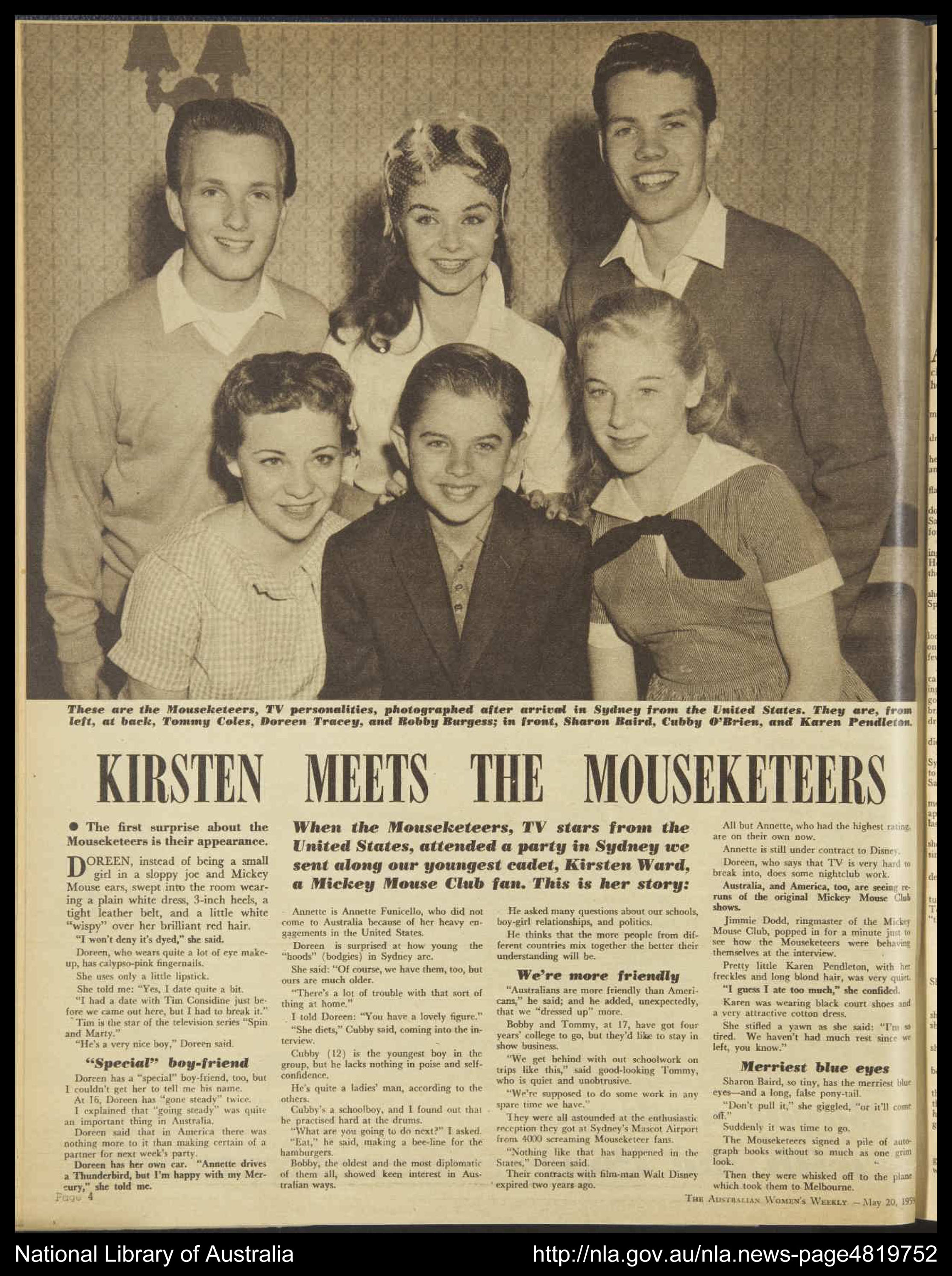 Photo of the Australian Women's Weekly article including a photo of the Mouseketeers