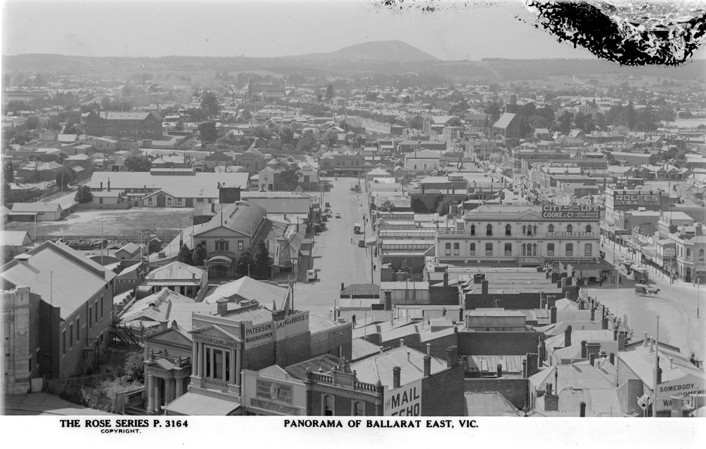 black and white photo of ballarat from a birds eye view