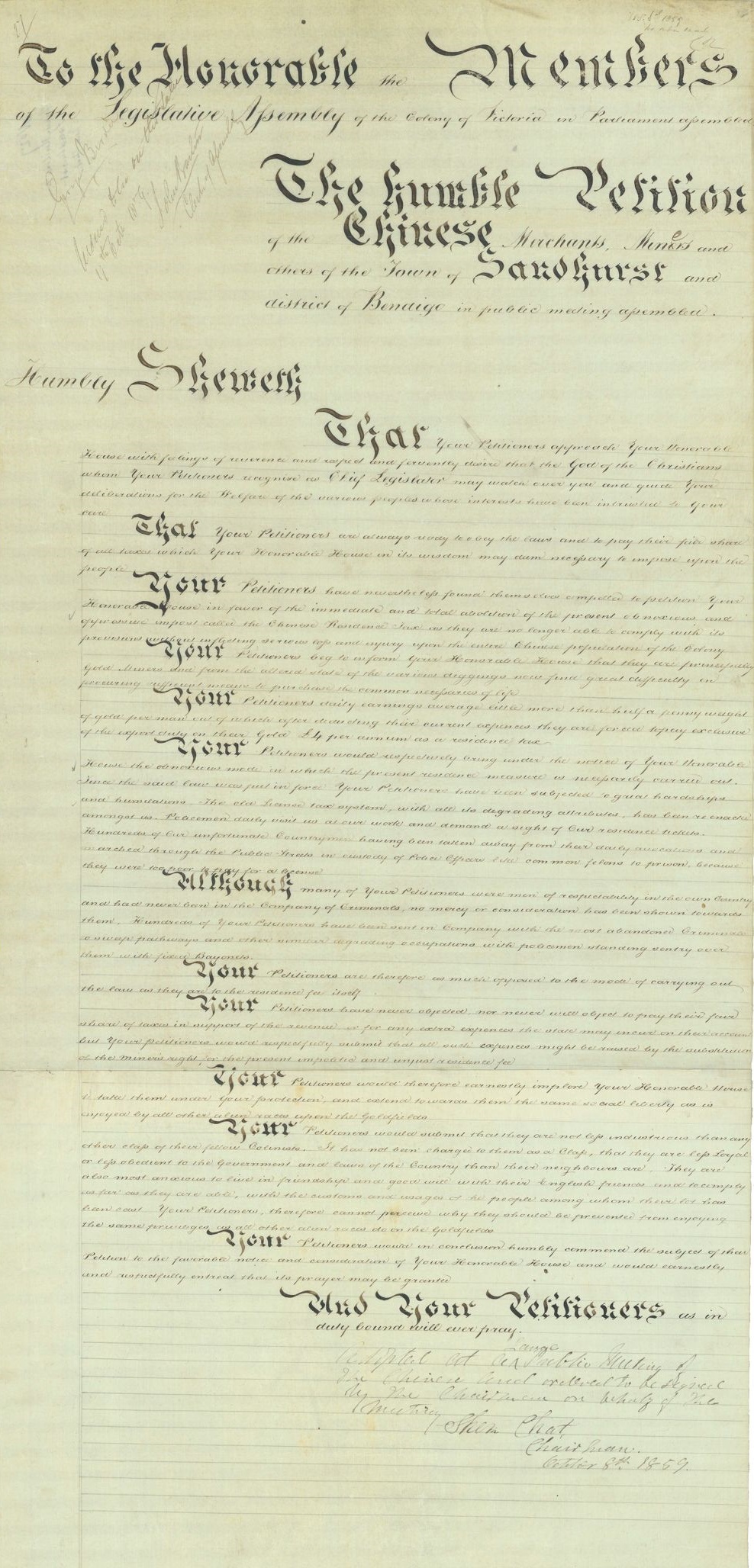 Victorian Chinese petition 1859 