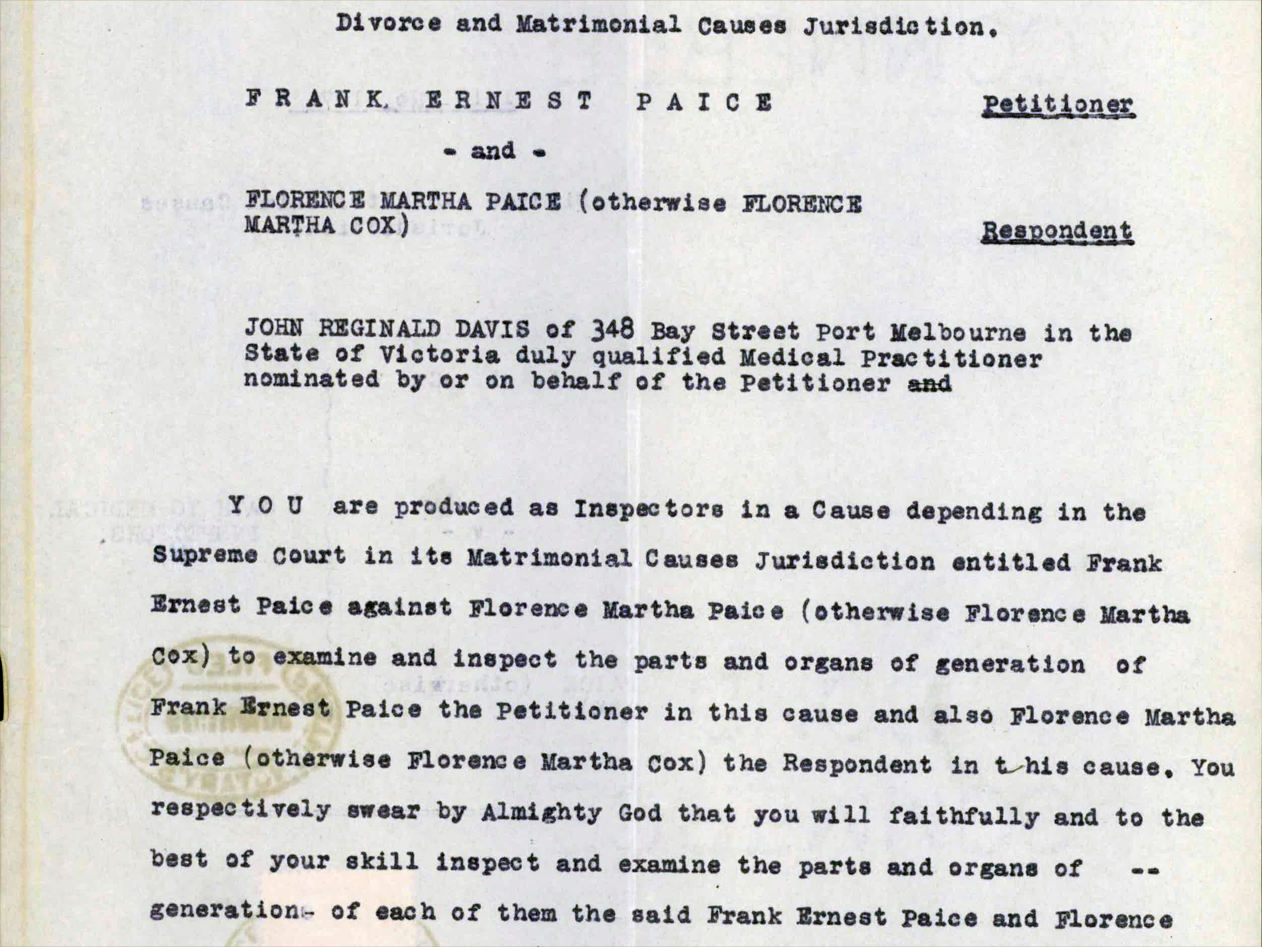 Divorce papers of Paice and Cox
