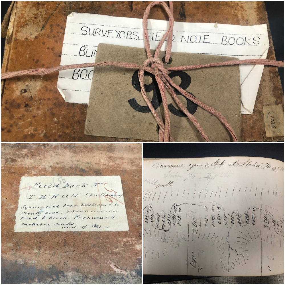 three photos in one. a bundle of notebooks with a 93 on front Field Book The Nutt