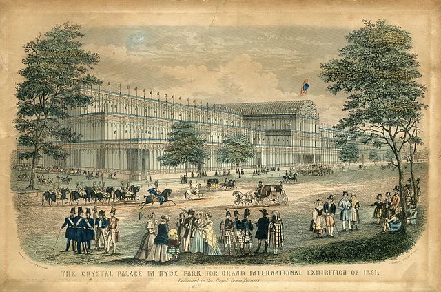 colour drawing of the crystal palace and people milling around it