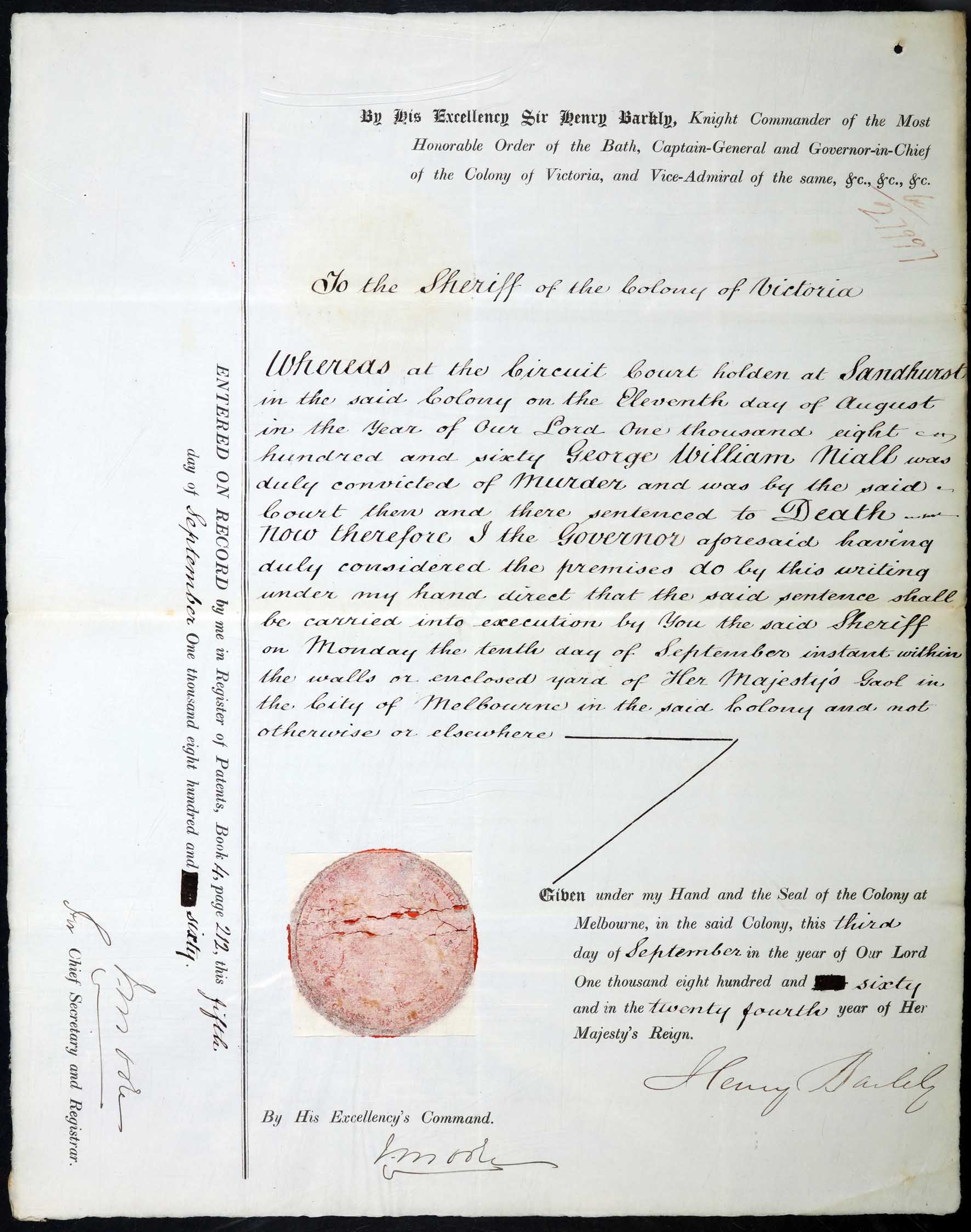 Original document of Niall's death warrant