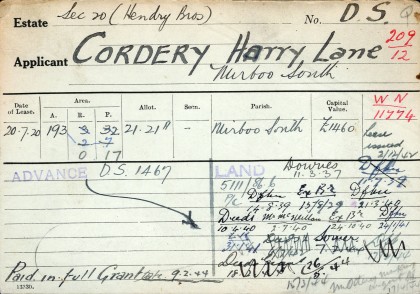 A card from PROV, VPRS 13982/P1 , unit 2, (Co-Do), showing the conversion of soldier settlement file 5111/86.6 (for Harry Lane Cordery) to closer settlement file number 209/12.