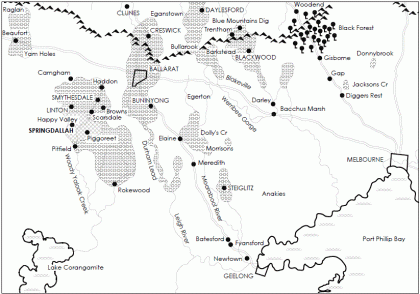 The Springdallah goldfields in relation to Melbourne, Geelong and Ballarat.