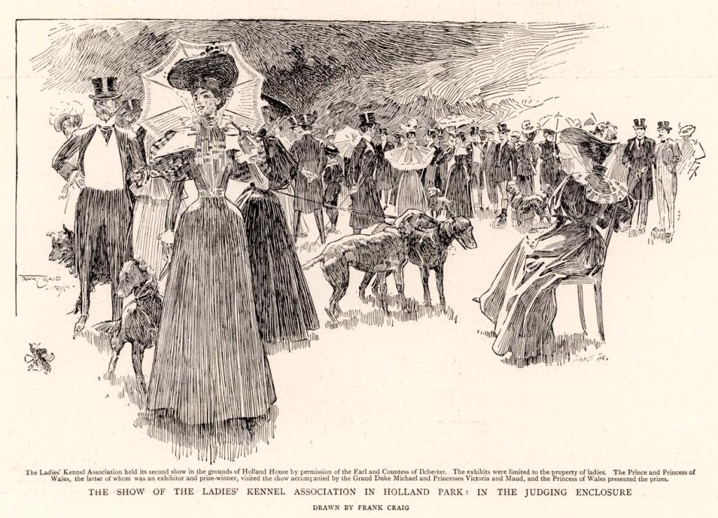 Black and white drawing of people and dogs