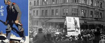 Crowd gathers in Melbourne 1918 in a procession of returned troops who are accompanied by a poster requesting people to “Buy War Bonds”. A clearer image of an American poster is shown to the left. (Source: Australian War Memorial, ARTV05629 & H02367) Crowd gathers in Melbourne 1918 and American poster is shown to the left