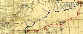 Map (detail) of Doncaster railway line proposed in 1925, VPRS 437/P0, Unit 4, File 127. Map of Doncaster railway line proposal