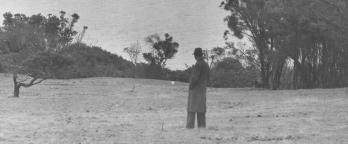 black and white photo of a man looking out over a field of trees and grass