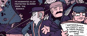 Illustration by Sam Wallman of dock workers reading a newspaper 