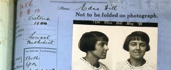 Edna Hill, Bound Circulated Photographs and Criminal Convictions, vprs7856 p1 unit3 blue piece of paper with a photo of a young woman's face glued on top and name Edna Hill listed at the top of the page