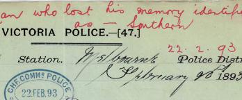 Police Correspondence vprs937 p0 unit338 red writing on the top of a Victoria Police document that says "man who lost his memory identified"