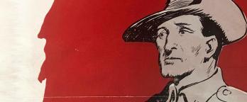 Part of a recruitment poster contained within VPRS 3183 P0 Unit 133 painting of a soldier surrounded by red
