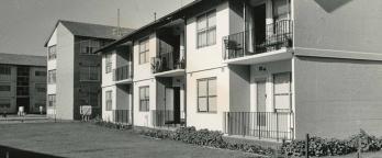 Early examples of social housing apartments in Richmond, Melbourne Black and white photo of social housing units in Richmond Melbourne