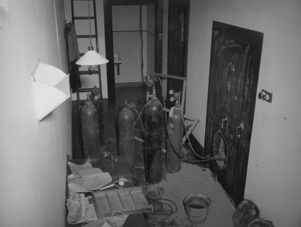 gas cylinders in a bank foyer