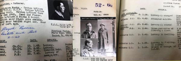 three photos, the first shows handwritten text about a man's death, the second shows a man named Sydney Harbour and the third shows someone charged with attempted suicide