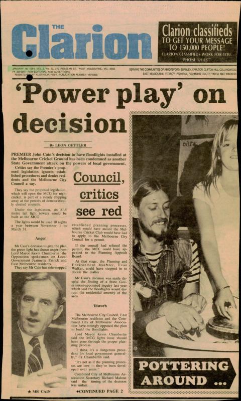 Clarion Newspaper article 18/1/1984 VPRS 11544/P1, unit 649, “Melbourne Cricket Ground Development” file 32 1 312