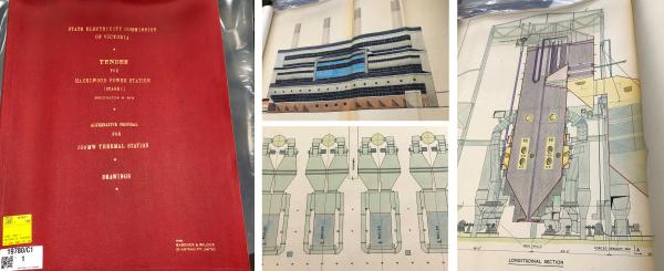 collage of photos of the drawing book including: the red cover, drawings of boilers, boiler house and boiler plant. All are colourful water colour drawings.