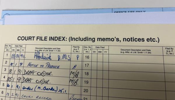 the top of a court file index