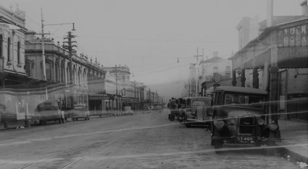 black and white street scene