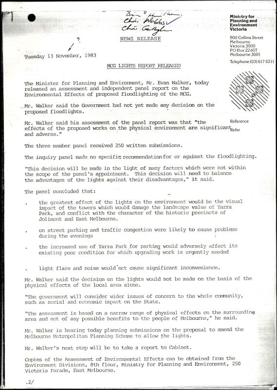 News Release 13/11/1983 VPRS 11544/P1, unit 649, “Melbourne Cricket Ground Development” file 32 1 312