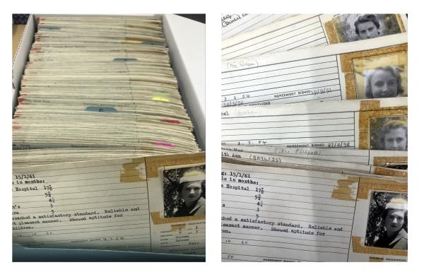 photos of record cards which feature information about nurses and photos of them