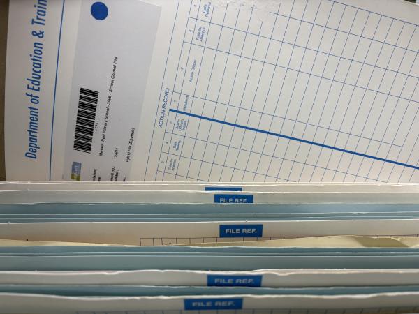 blue and white folders in a box