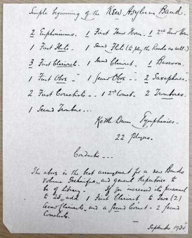 Note written by Thomas Quinlan about the 'Kew Asylum Band'