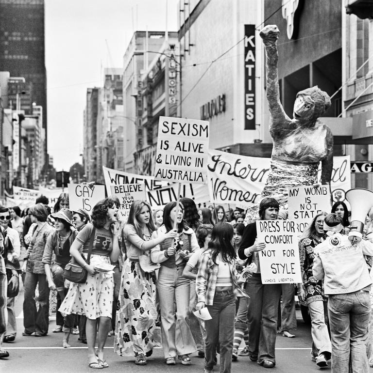 Black and white photograph of a women's rights march in Melbourne, 1975